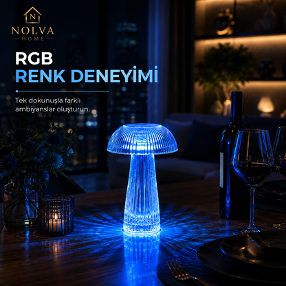 NOLVA Mantar Kristal LED Masa Lambası — Kumandalı, Şarjlı, Rengarenk Işık Modlu