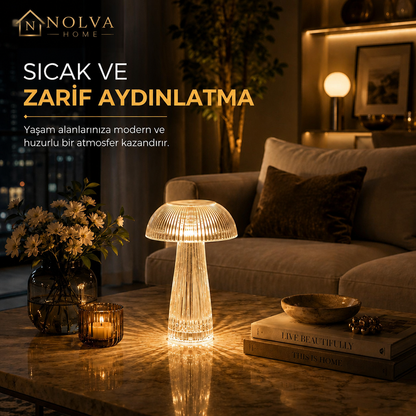 NOLVA Mantar Kristal LED Masa Lambası — Kumandalı, Şarjlı, Rengarenk Işık Modlu
